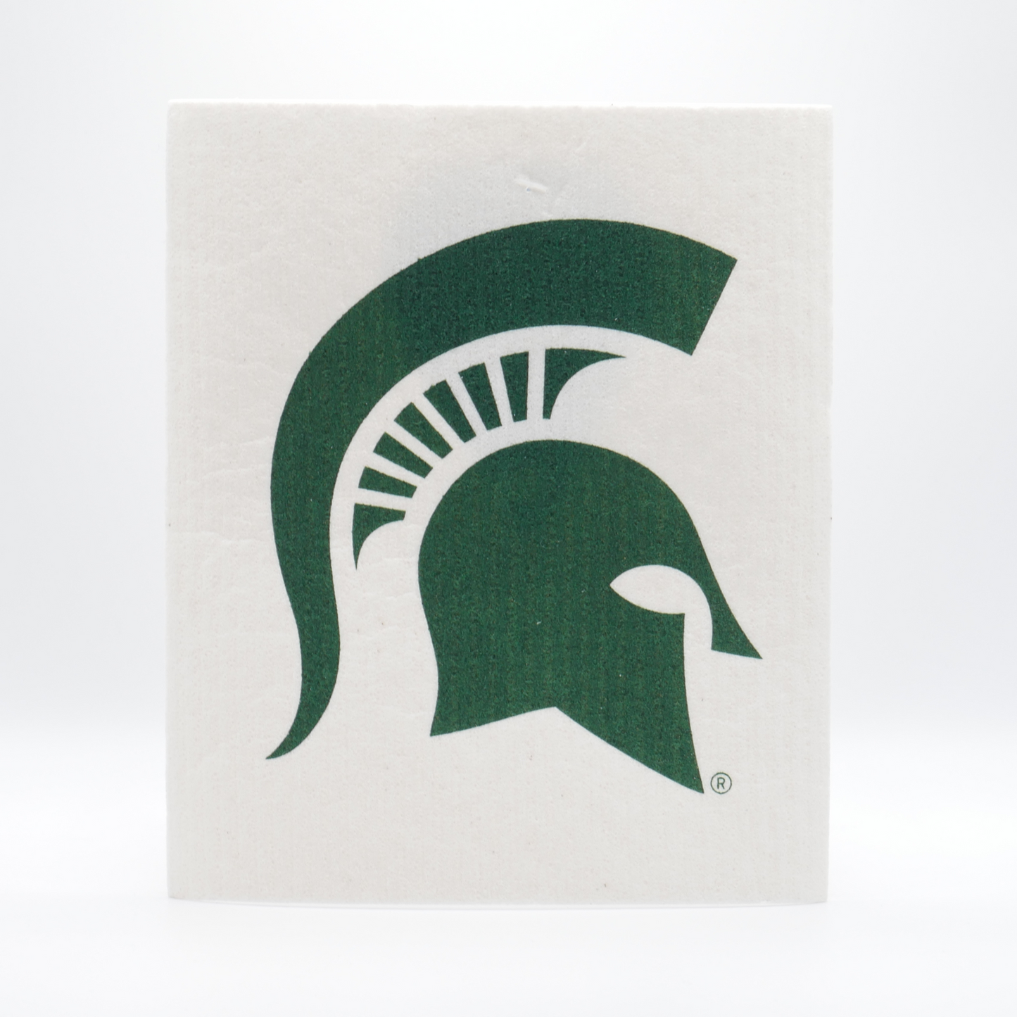 A cream re-usable absorbent square dish cloth with a dark green Spartan Helmet logo in the center.