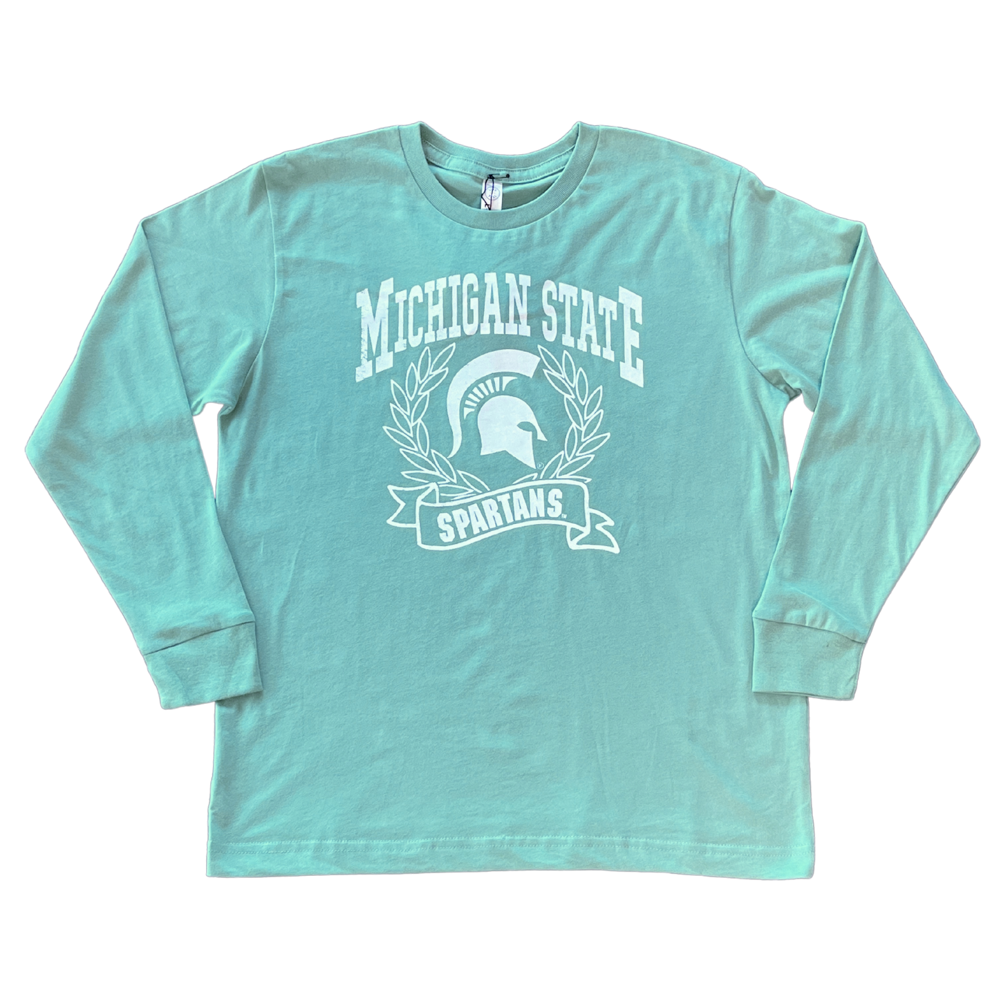 A mint green long sleeve T-shirt with Michigan State Spartans front center design in white. A wreath surrounds a white Spartan Helmet logo.