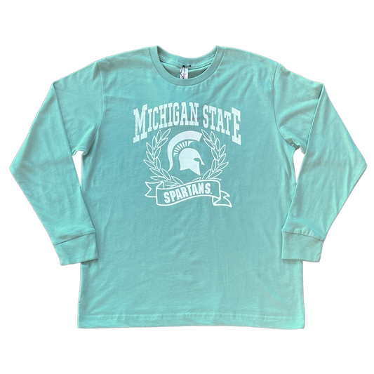 A mint green long sleeve T-shirt with Michigan State Spartans front center design in white. A wreath surrounds a white Spartan Helmet logo.