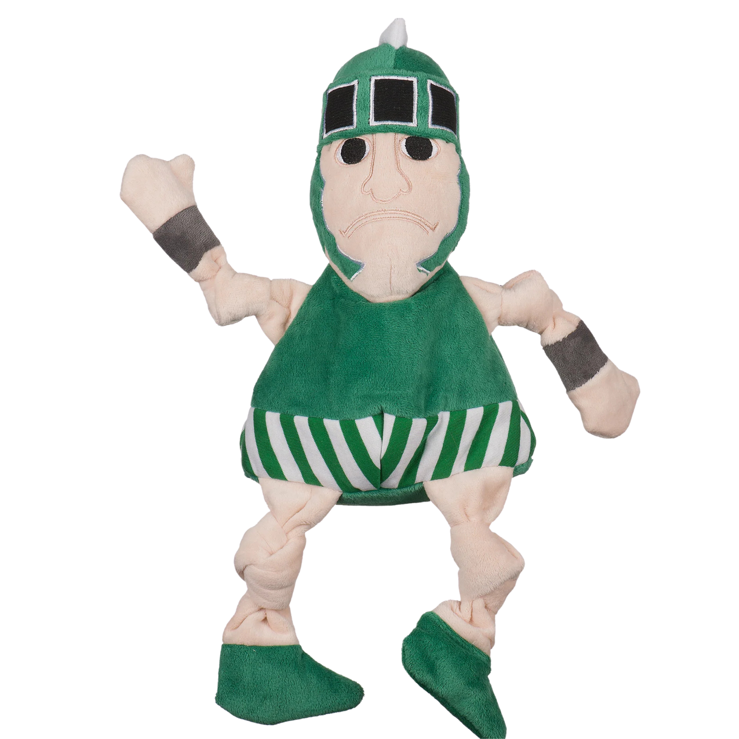 A plush dog toy that looks like the Michigan State University mascot, Sparty, with knotted arms and legs.