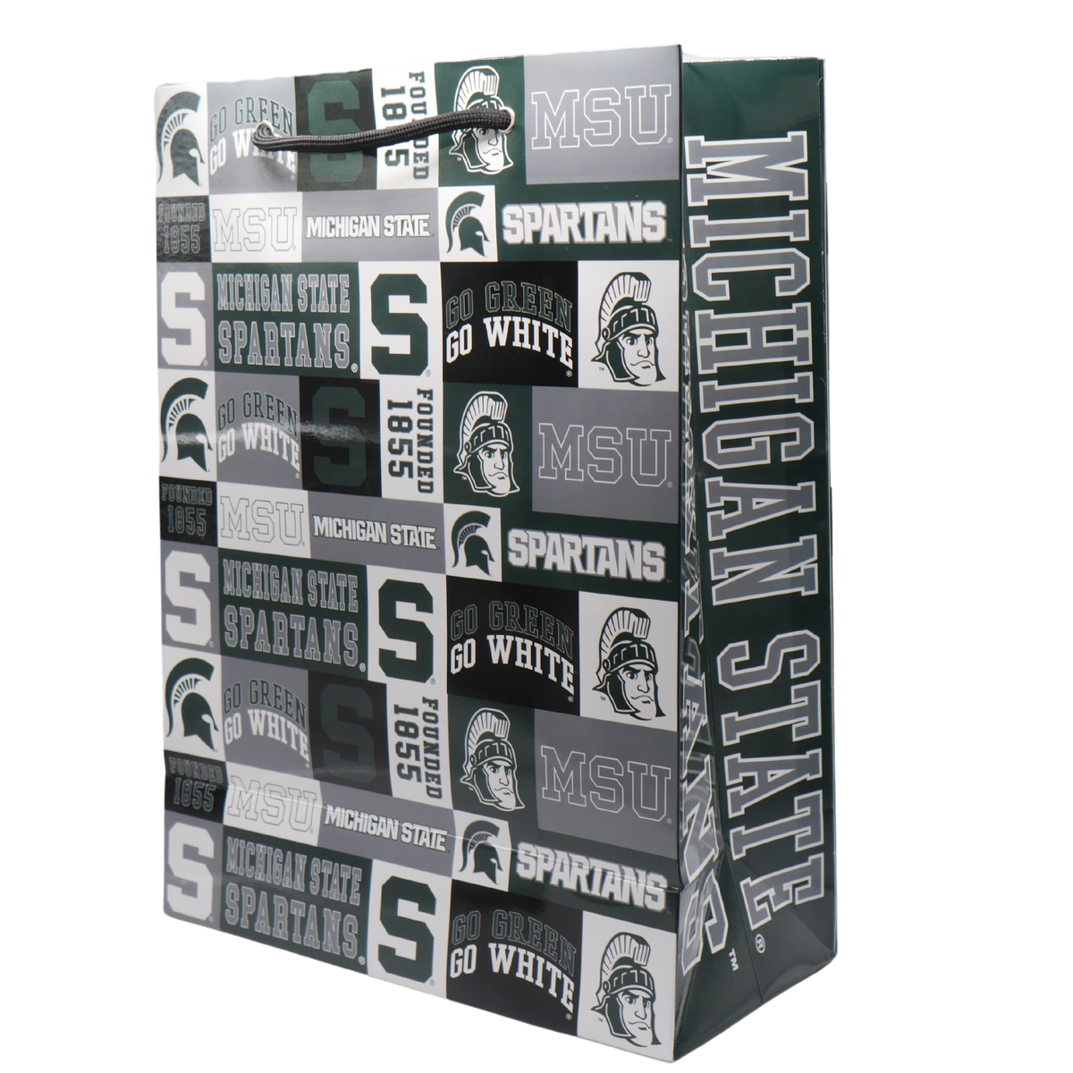 A Michigan State University themed gift bag with various MSU icons, including a block S, Spartan Helmet logo, and Sparty illustration printed in green, gray, white, and black. On the side of the bag "Michigan State Spartans" is written in gray block letters outlined in white.