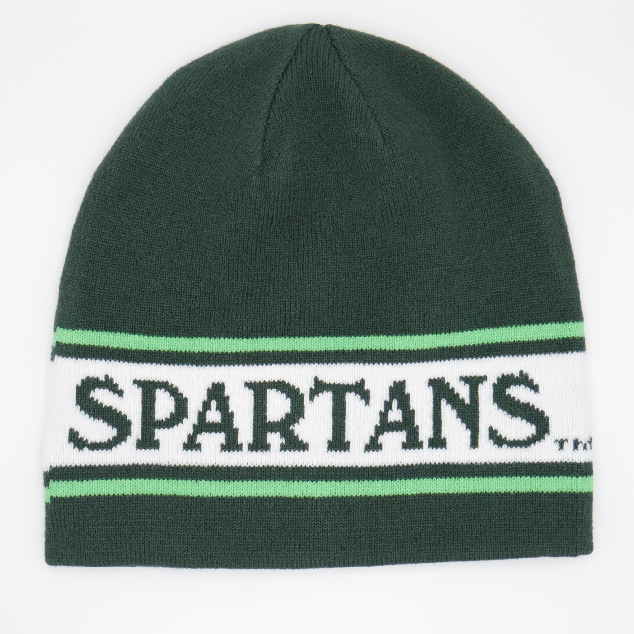 A dark green knitted beanie. Across the center of the beanie are two neon green lines. Between the lines is a larger white line with "Spartans" written in all caps inside in dark green.