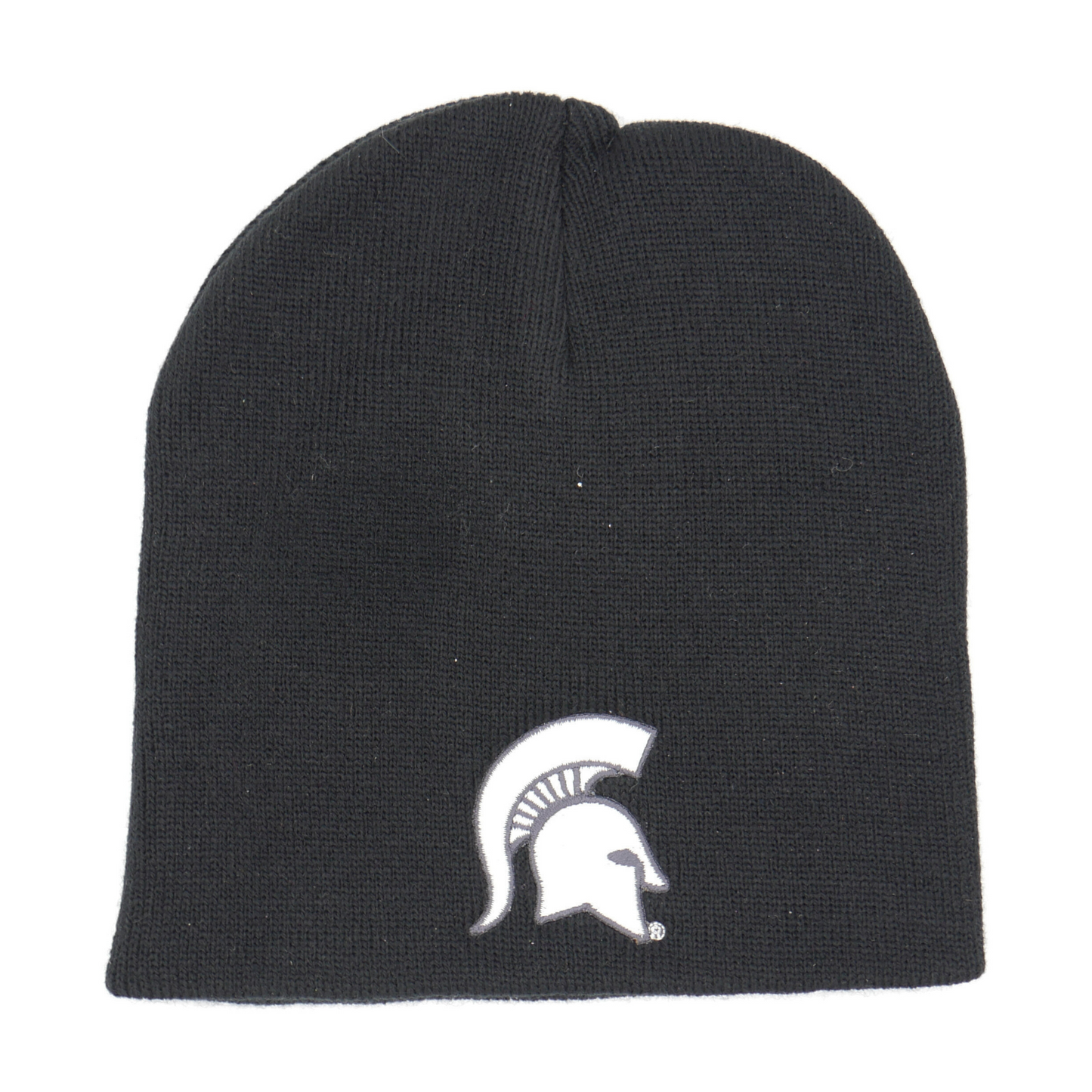 A black knit beanie hat with a white Spartan Helmet logo on the lower center of the beanie.