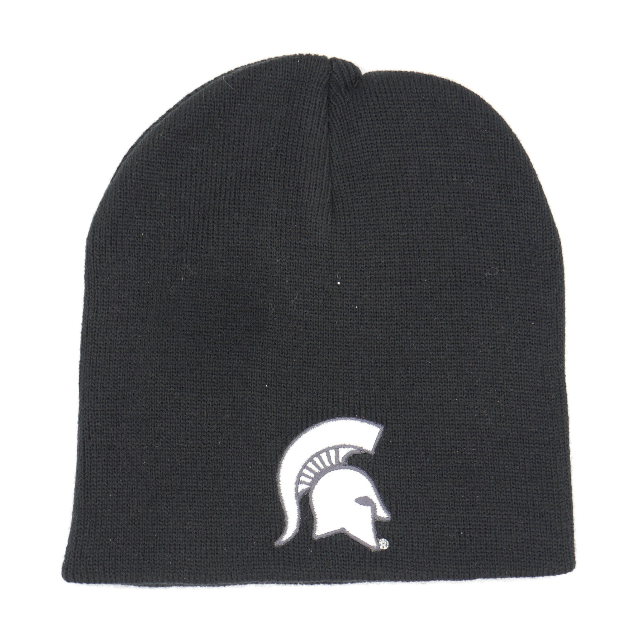 A black knit beanie hat with a white Michigan State spartan helmet logo in the lower center of the beanie.