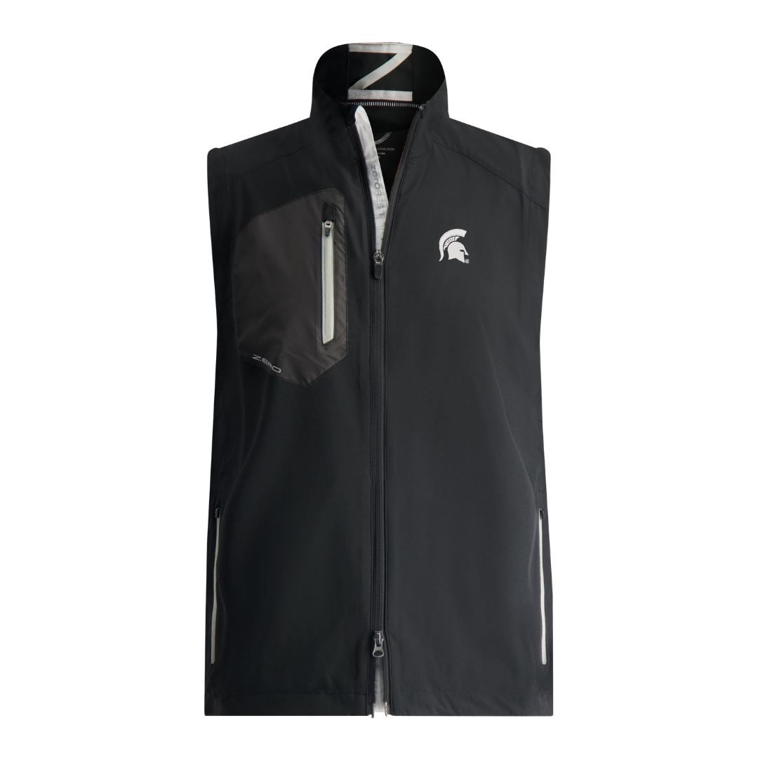 Full-zip black vest with light gray lining on the front zipper and all of the pockets. There is a zippered pocket on the upper right chest and two zippered pockets at bottom of either side. A light gray Spartan Helmet logo is on the upper left chest. Shown on a white background.