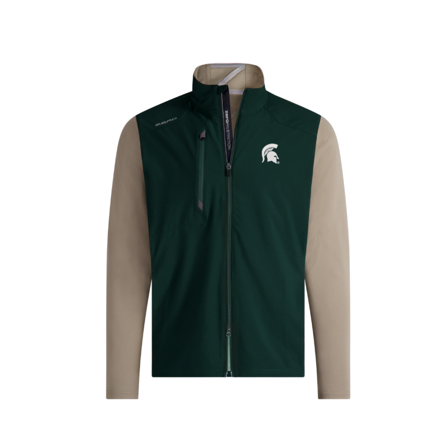 Green base jacket with grey tan sleeves and inner lining. On right chest is a zipper pocket with the word 'zero' in silver to the upper right of pocket. Screen printed in white on left chest is a Spartan helmet logo.