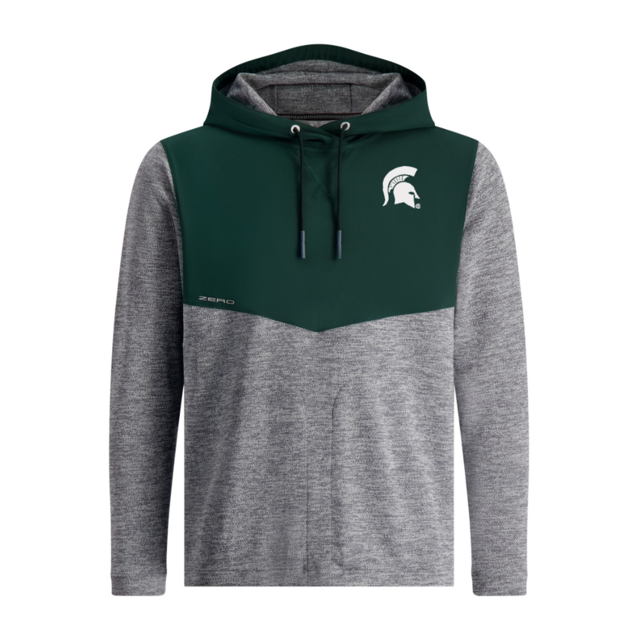 Two-tone hooded sweatshirt with a dark green upper section and gray heathered lower section. Features a white Spartan helmet logo and the word 'ZERO' printed in small white letters on the chest.