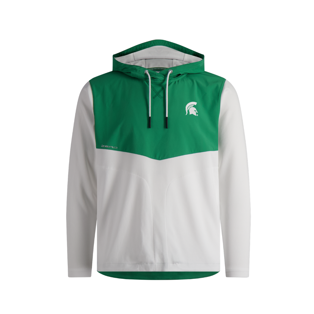 A green and white split colored performance hoodie. From mid chest to hood is kelly green. Sleeves and bottom half of body of the sweatshirt is white. Embroidered on left chest is a white Spartan helmet logo.
