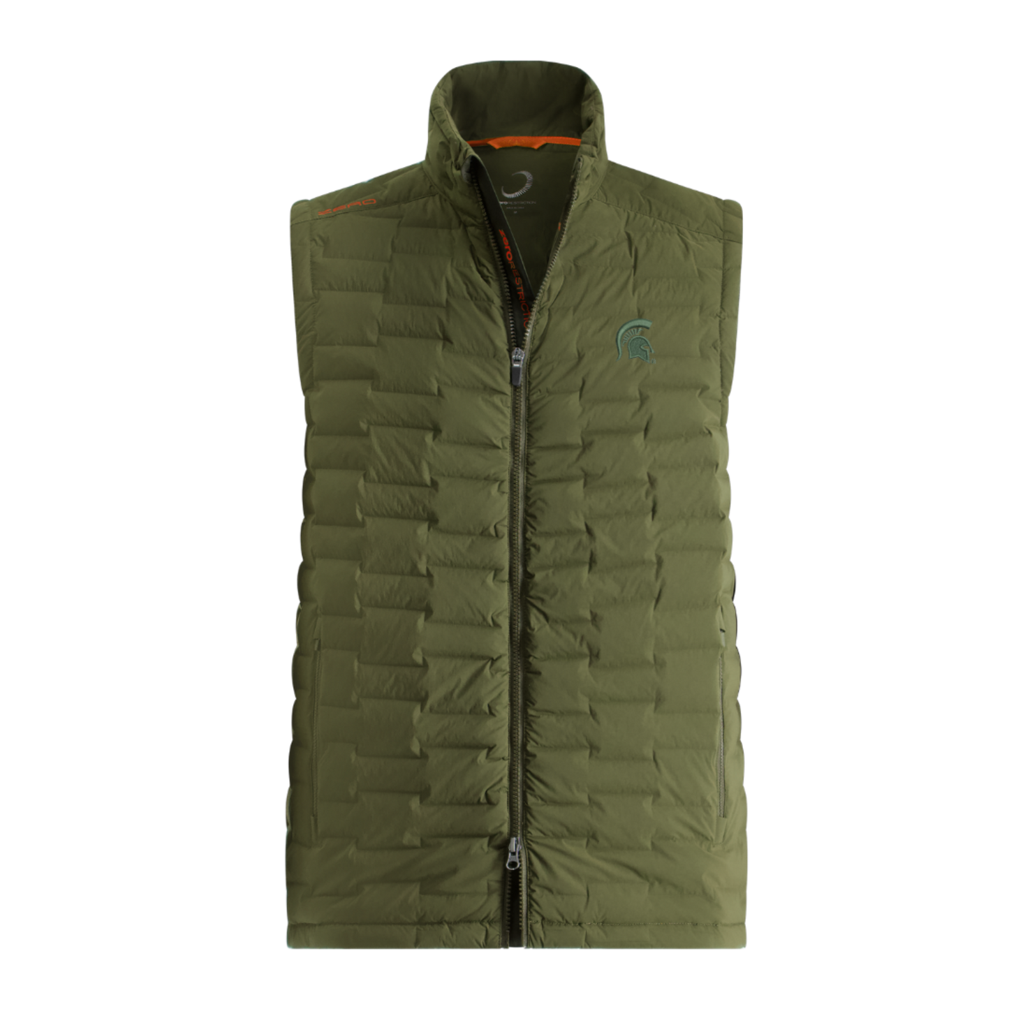Army green puffer vest. Has orange accents along right collar bone that says 'zero' and the words done the inner zipper. Embroidered on left chest in dark green is a Spartan helmet logo.