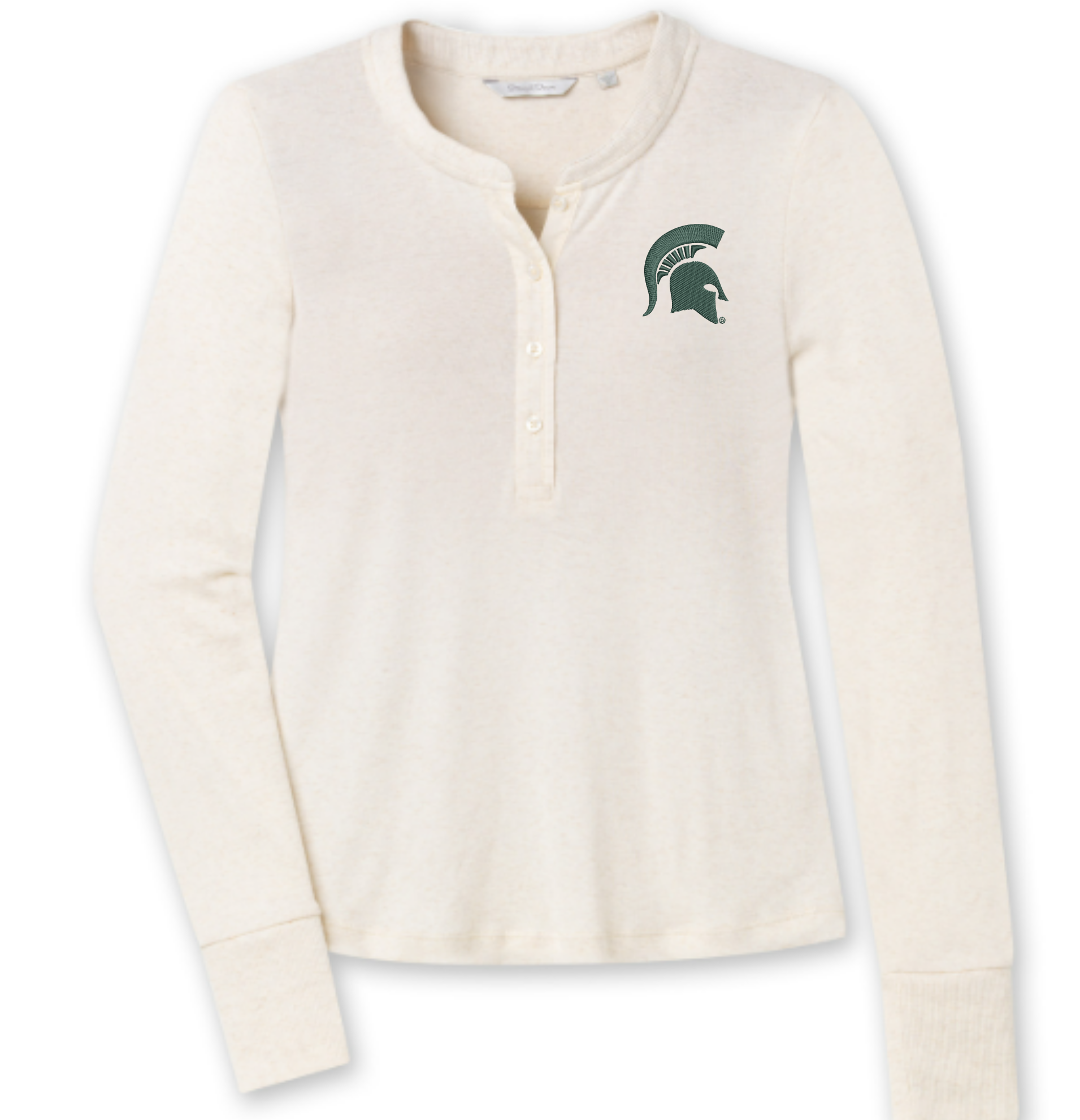 Cream long sleeve henley shirt with four buttons at the top and a green embroidered Spartan helmet logo on the left upper chest.