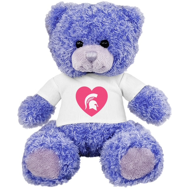 Purple teddy bear wearing a white shirt with a pink heart design with a white Spartan helmet logo centered in heart. on a white background