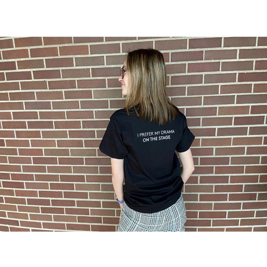female student in black tshirt facing away from camera