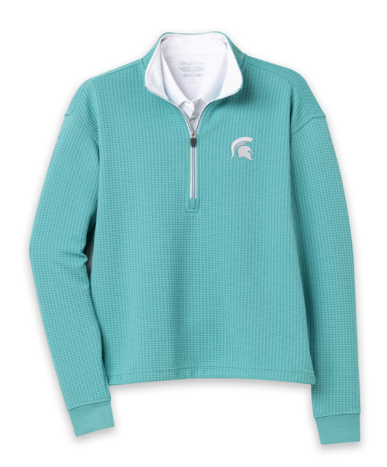 Teal half-zip with a white Spartan Helmet logo embroidered on the upper left chest and waffle knit pattern.