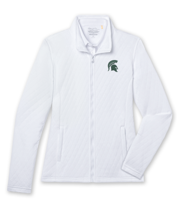 White full-zip jacket with quilted stitching, a pocket on each side, and a green Spartan Helmet logo on the upper left chest.
