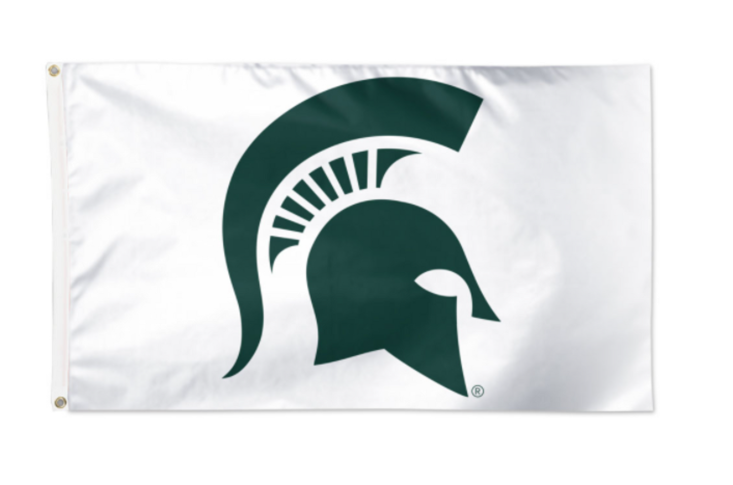 A white flag with a green Spartan Helmet logo.