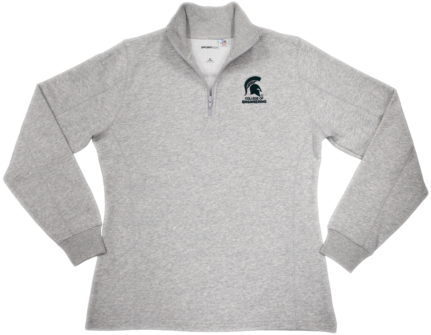 Quarter-zip gray pullover with a forest green Spartan Helmet logo and text that reads "College of Engineering" below it in forest green.