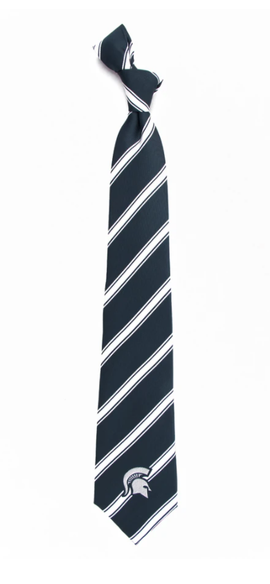 A dark green necktie with white stripes and a white Spartan helmet logo at the bottom.