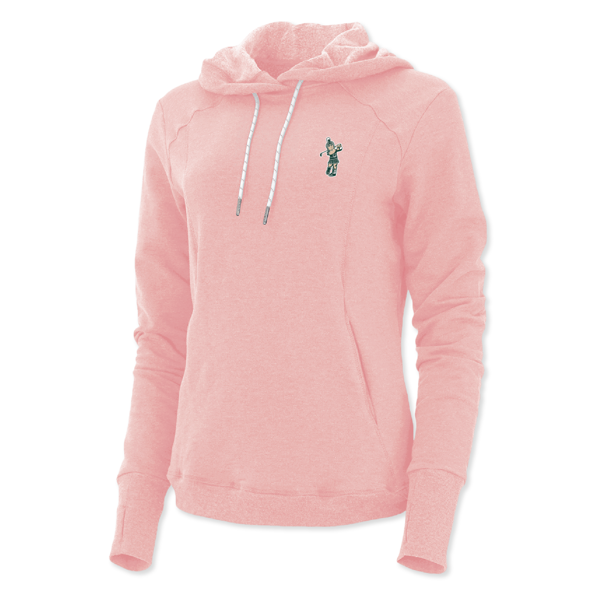 Pink hoodie with a golfing sparty logo on left chest.