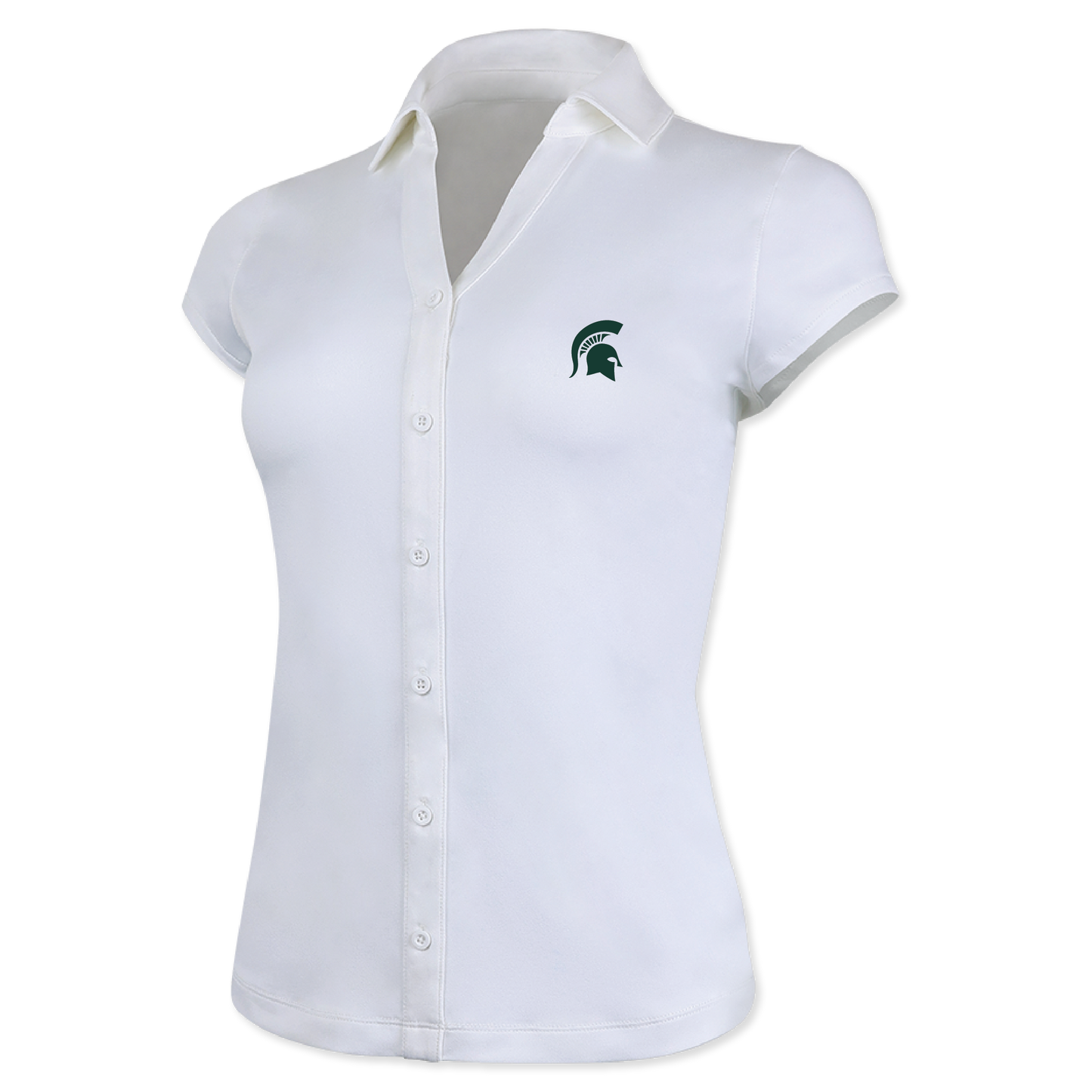 White short sleeve sleeve button up with a collar and dark green Spartan Helmet logo on the left upper chest.