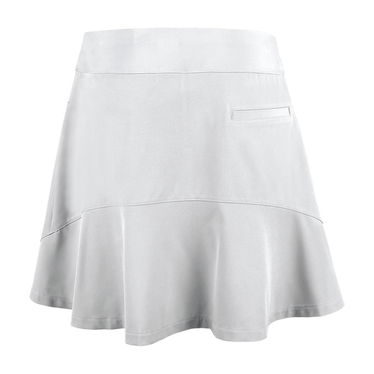 Back of a white skort with a pocket on the left side and a ruffle hem.