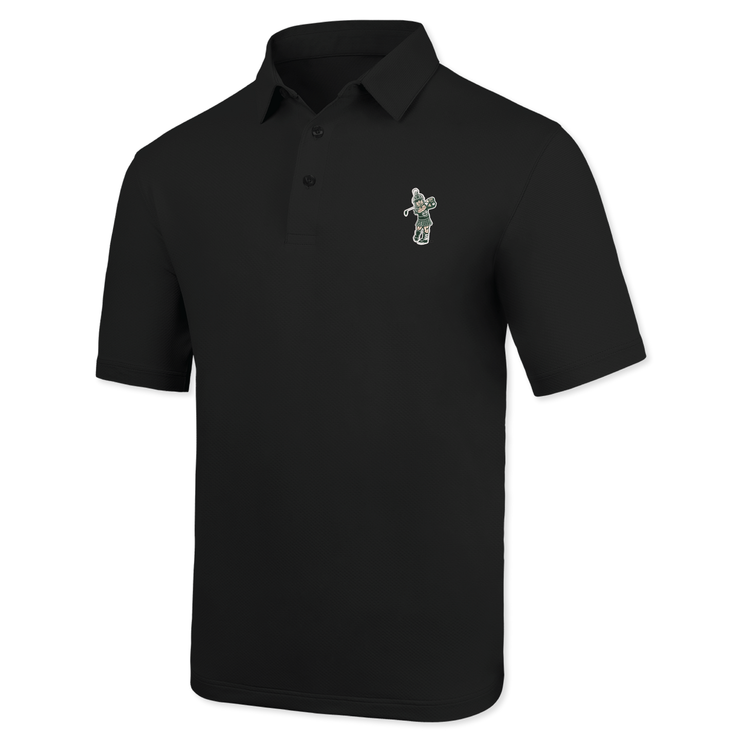 Black polo with the Golf Sparty logo on the upper left chest.