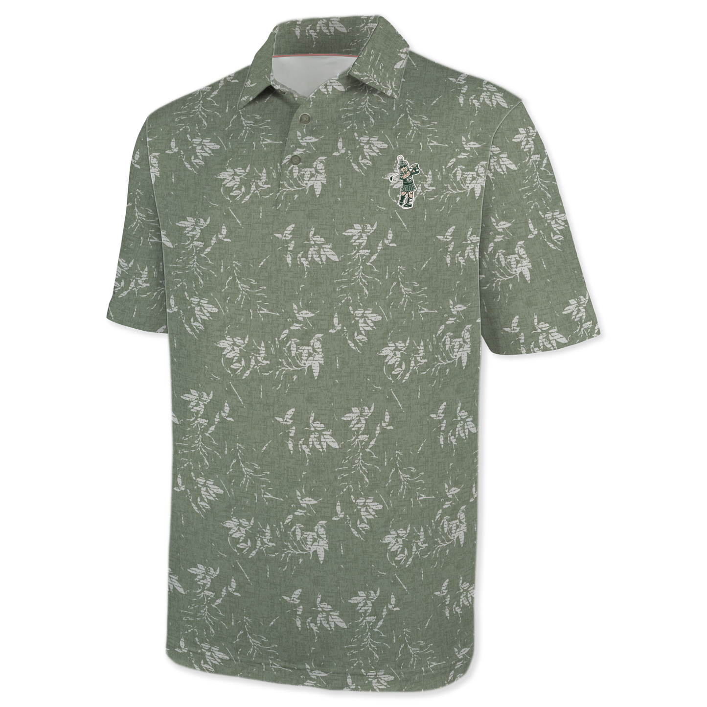 Light green polo with a white leaf print and the Golf Sparty logo on the upper left chest.