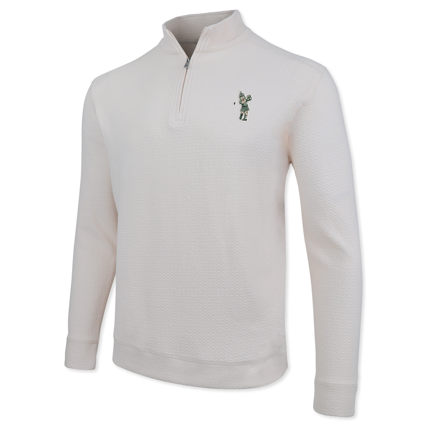 Textured cream quarter-zip with the Golf Sparty logo on the upper left chest.
