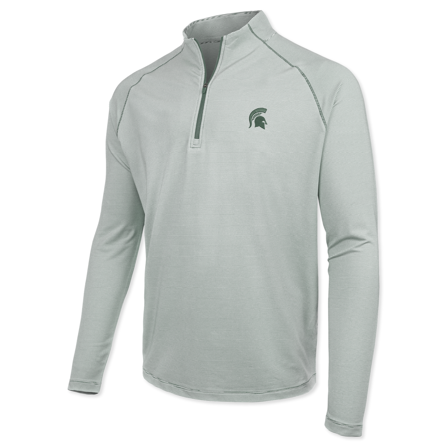 Gray striped quarter-zip with a green Spartan Helmet logo on the upper left chest.