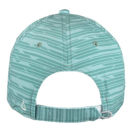 Back of a teal hat with a darker teal heathered design and Velcro adjustable strap.