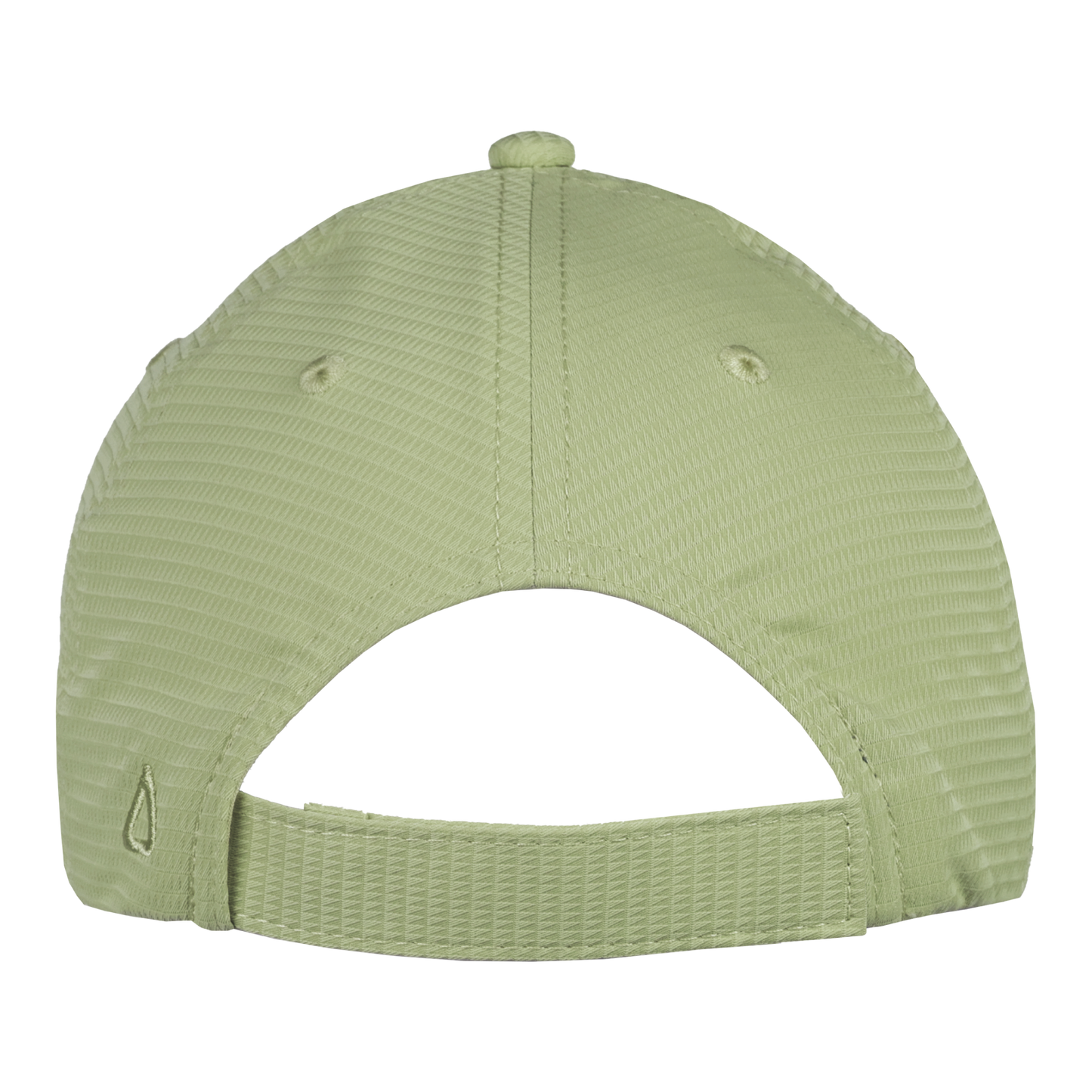 Back of a light green hat with a Velcro adjustable strap.