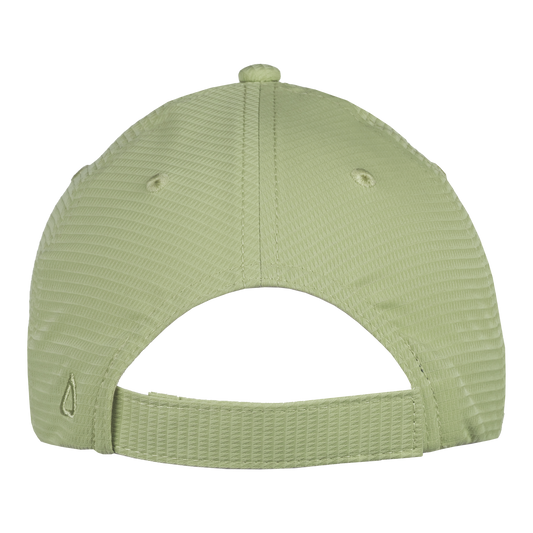 Back of a light green hat with a Velcro adjustable strap.