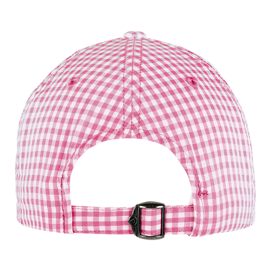 Back of a pink and white gingham hat with an adjustable strap.