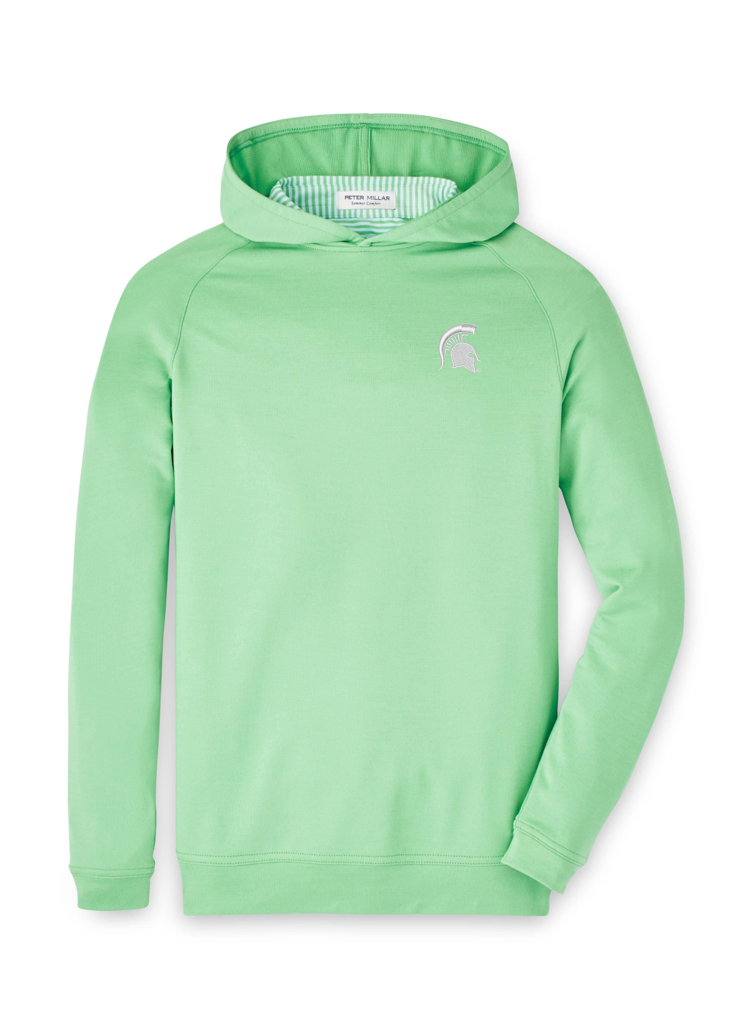 Bright green hoodie with a white Spartan Helmet logo embroidered on the upper left chest. Shown on a white background.