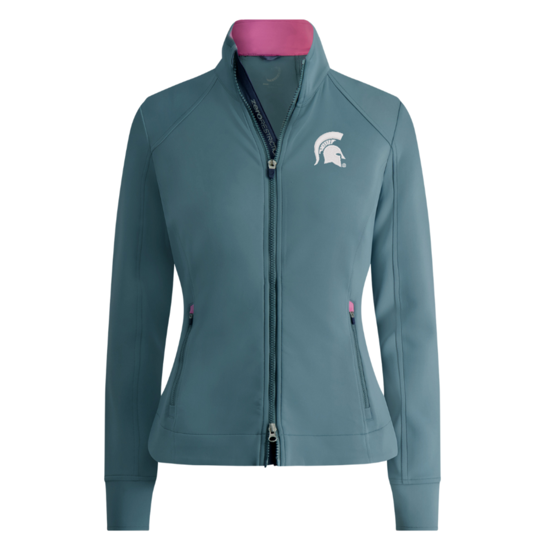 A women's full-zip jacket in a solid color with a Spartan Helmet logo on the left chest and a pink interior collar.