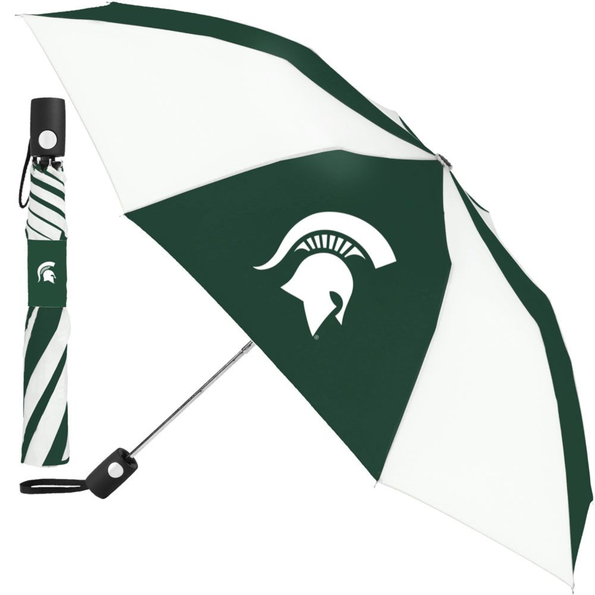 Green and white umbrella with the Michigan State University Spartan helmet logo on one of the green panels, shown partially open with alternating color sections. A folded version with a black handle and carrying strap is placed beside it.