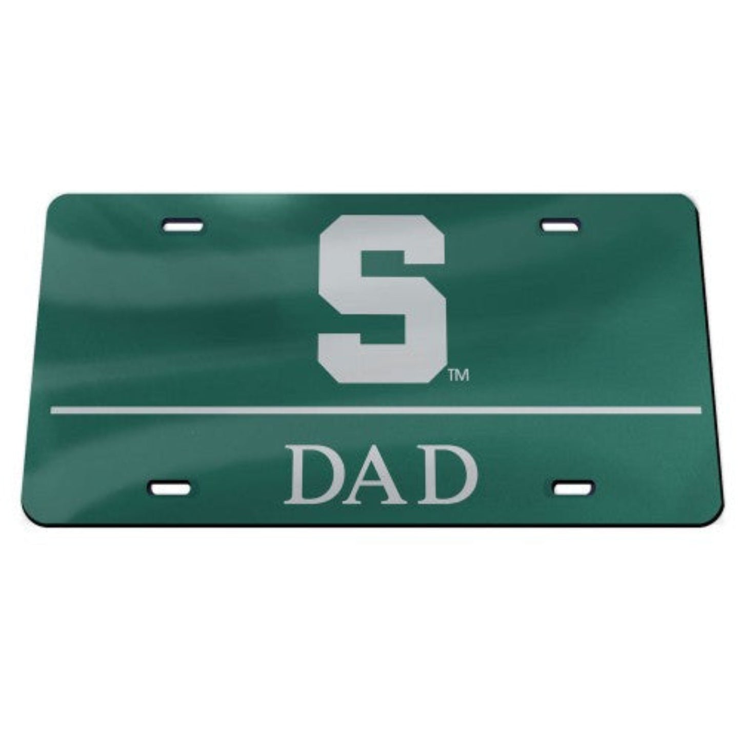 Mirror license plate cover that is green. Centered is a chrome block S with a chrome line under. Under the line in chrome is "Dad."