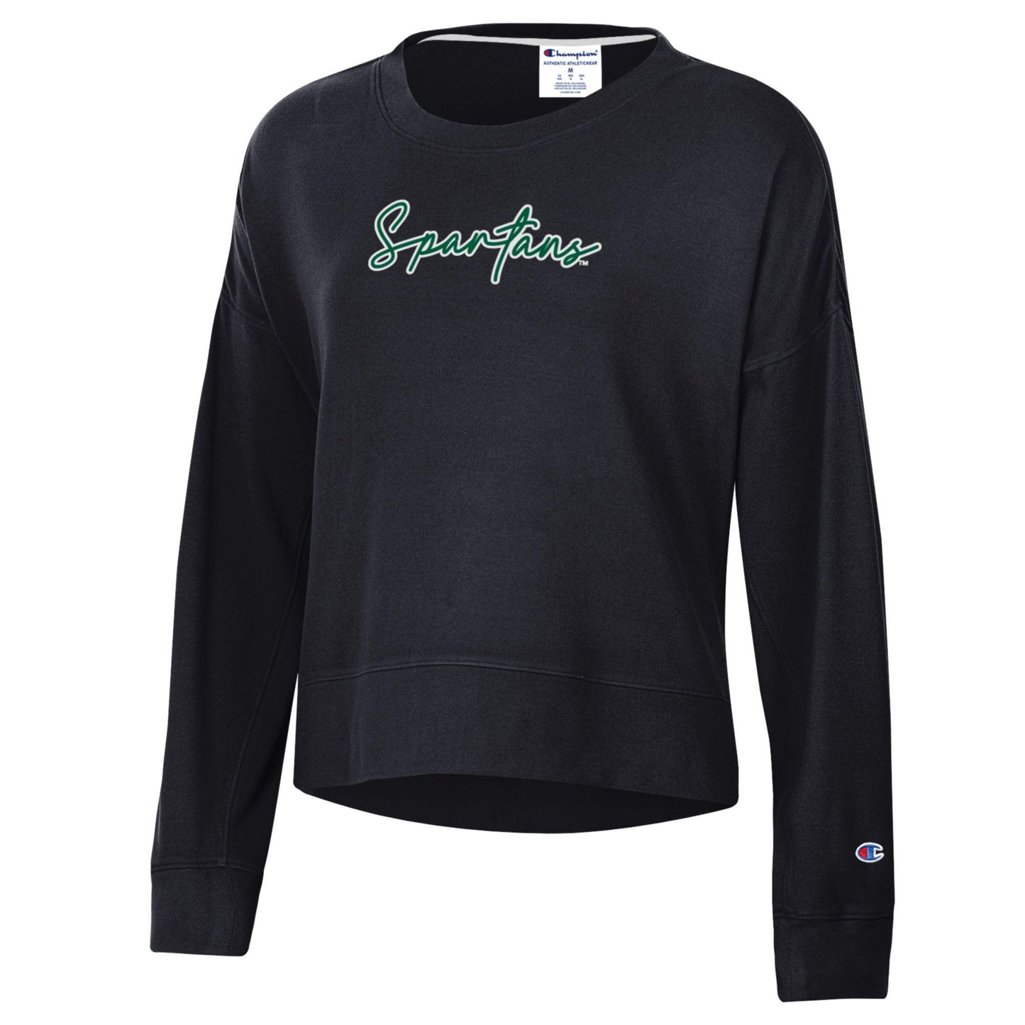 A black Champion brand women's pullover with 'Spartans' written in a cursive script in green on the front.