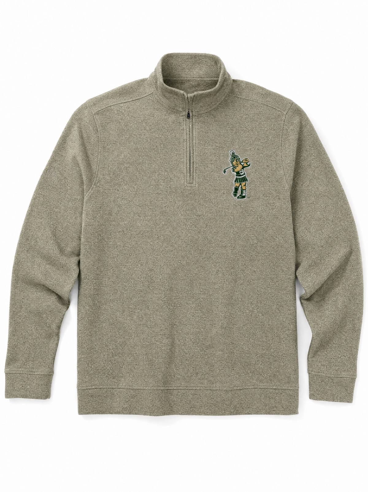 Michigan State Spartans tan quarter-zip pullover featuring an embroidered vintage Golf Sparty logo on the left chest, stand collar, and contrast zipper trim.