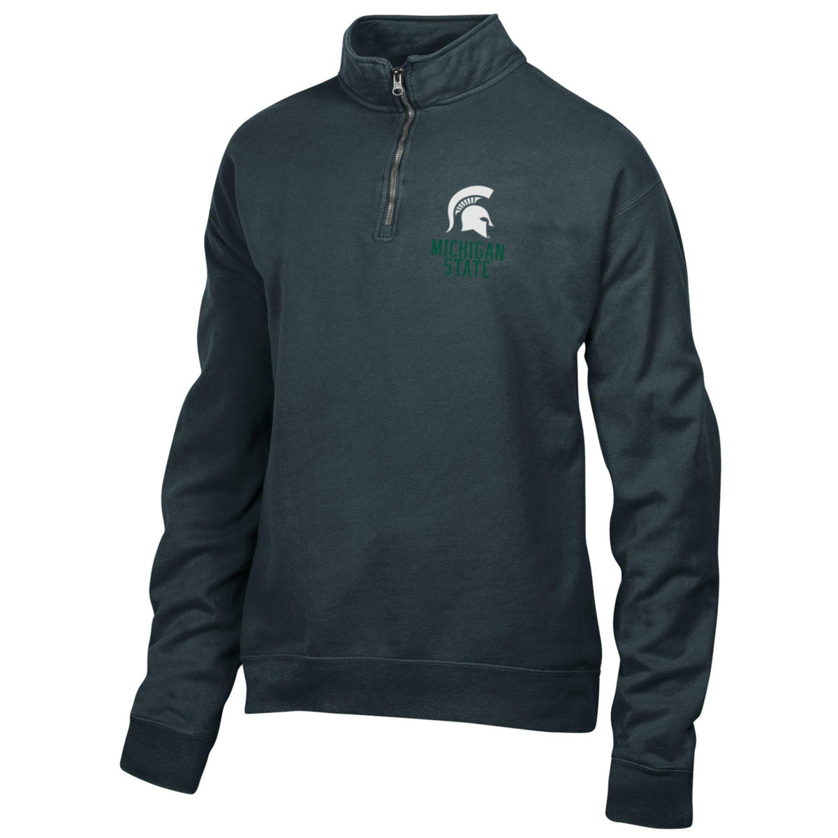 Dark green quarter-zip pullover sweatshirt featuring a mock neck collar and silver zipper closure. The left chest displays a white Spartan helmet logo above a green “MICHIGAN STATE” wordmark. The long-sleeve pullover has rib-knit cuffs and hem and is shown in a three-quarter front view.