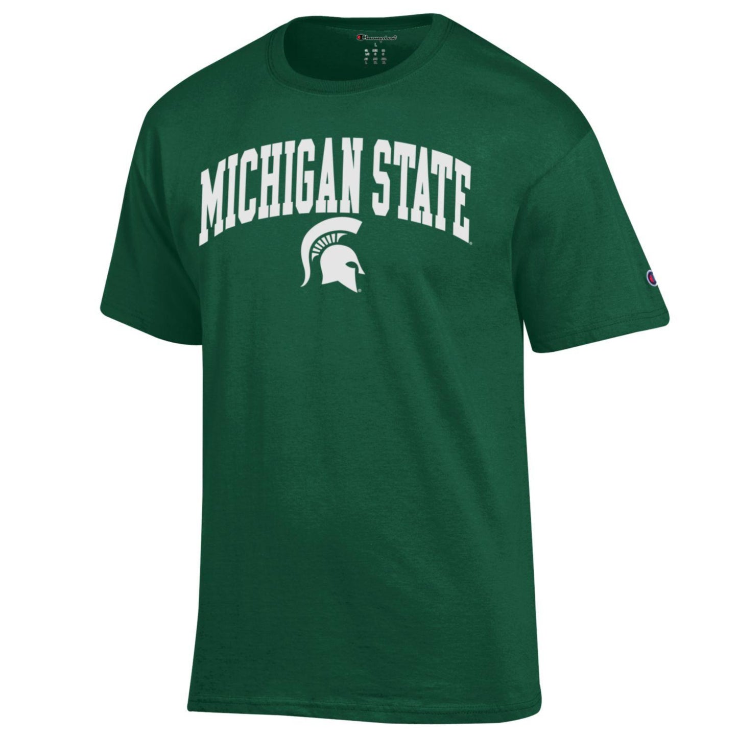 Green short sleeve shirt. Screen printed in white on center chest in an arch is 'Michigan State'. Below Michigan State screen printed in white is a Spartan helmet logo.