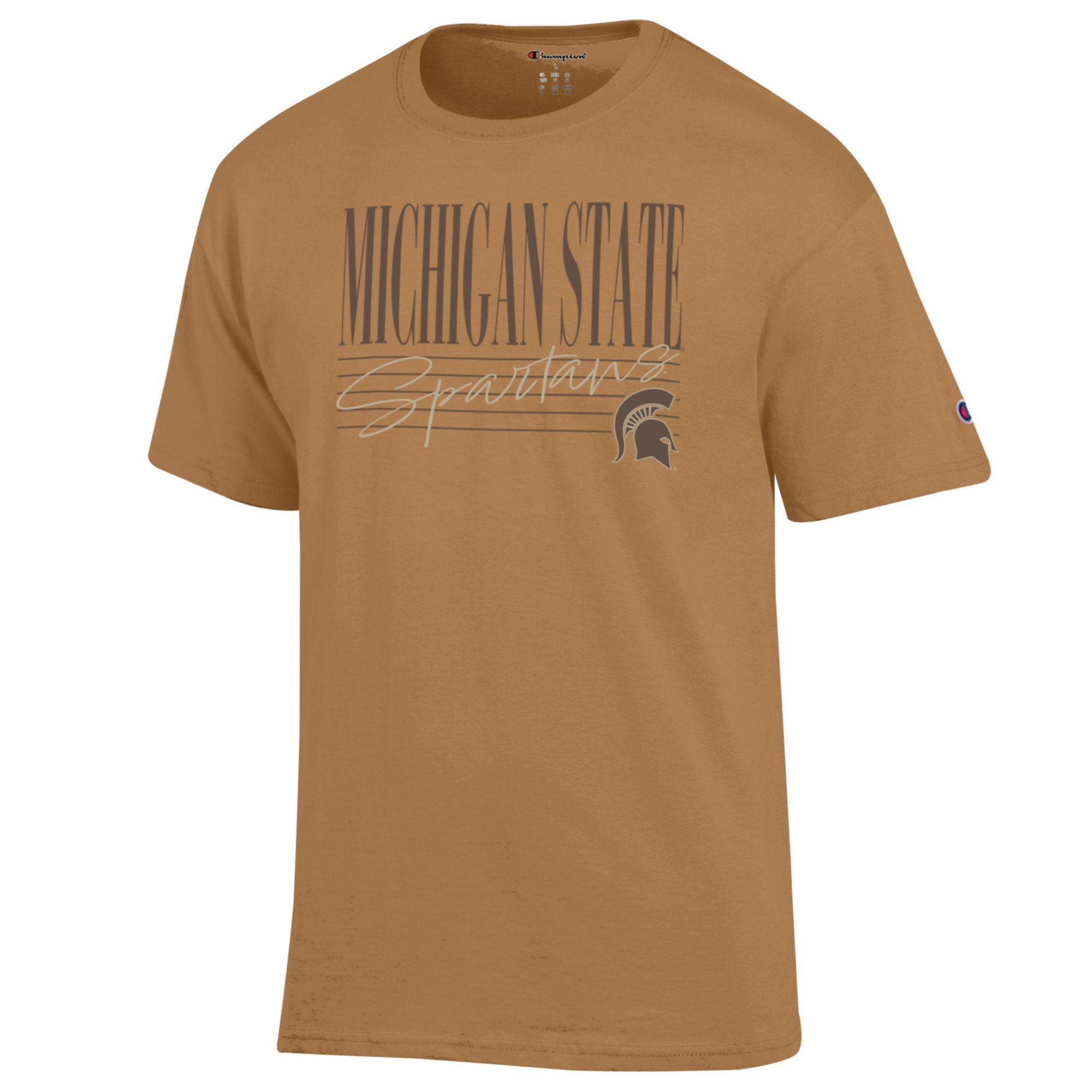 A brown t-shirt with the words "Michigan State Spartans" and a Spartan helmet logo.