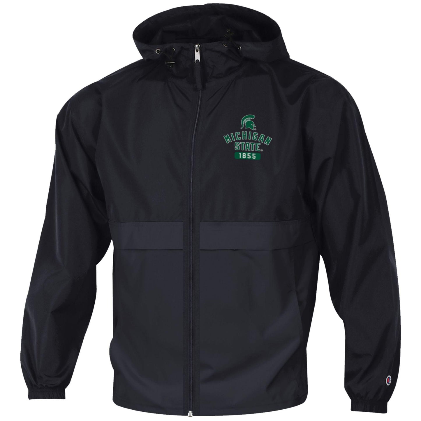 Black full zip rain jacket with an adjustable hood and hem, a front pocket, and synched arm cuffs. On the upper left chest is a green Spartan Helmet logo, "Michigan State" wordmark, and the year "1855" printed on.