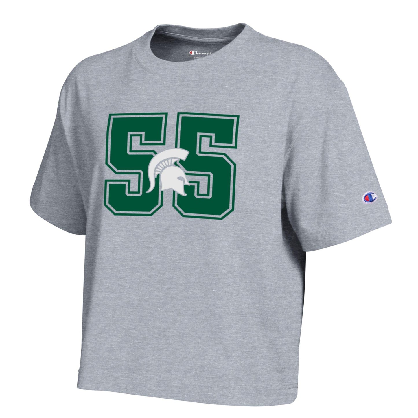 Gray Michigan State Spartans T-shirt featuring a large green “55” graphic with a white Spartans helmet logo on the front and a Champion logo on the sleeve.
