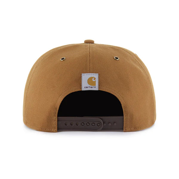Back of tan cap with the Carhartt logo patch and adjustable snapback feature. Shown on a white background.