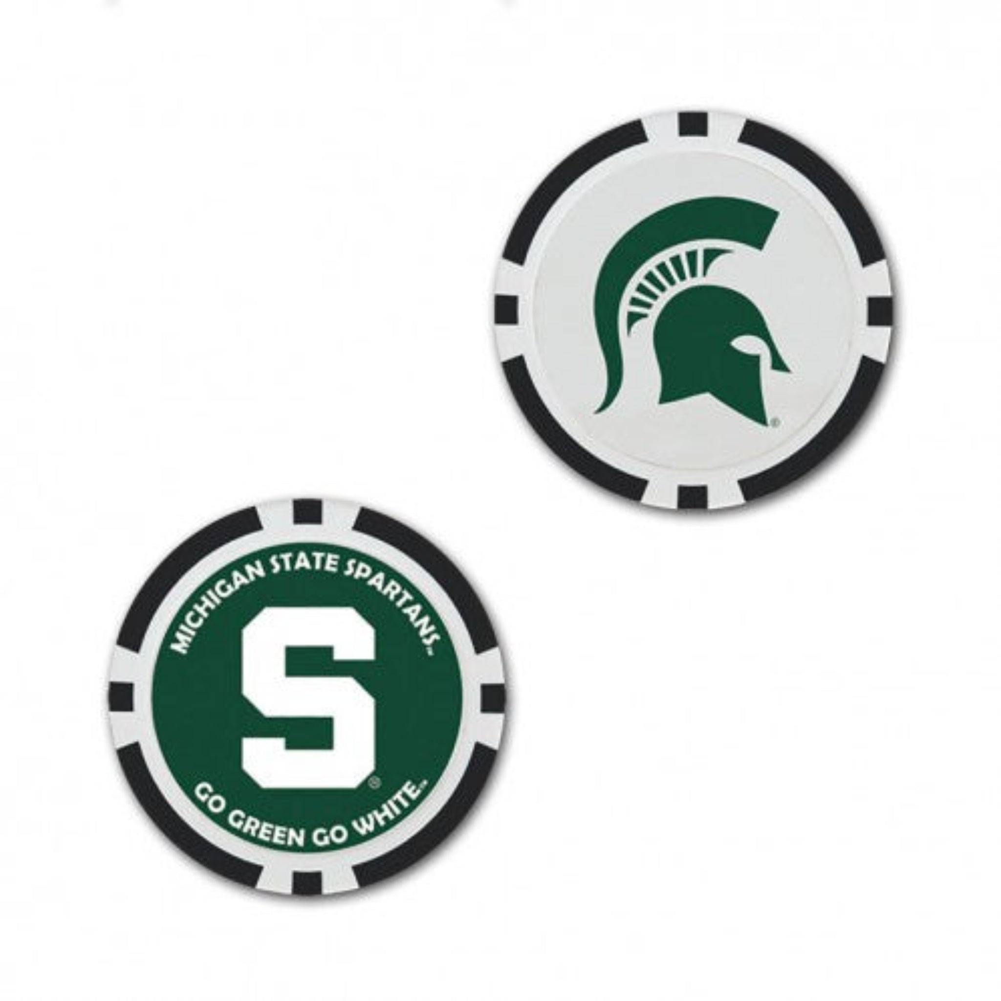 Two Michigan State poker chip themed golf ball markers shown on a white background. One features a green Spartan helmet with a white background, the other features a green background with a white S and the words 'Michigan State Spartans. Go Green Go White."