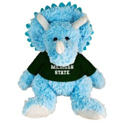 Blue plush triceratops wearing a green “Michigan State” shirt, with white horns, blue textured fur, and white feet.
