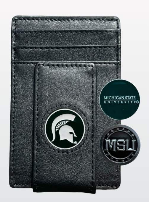 A black leather money clip wallet with a Michigan State University emblem and a magnetic closure feature.
