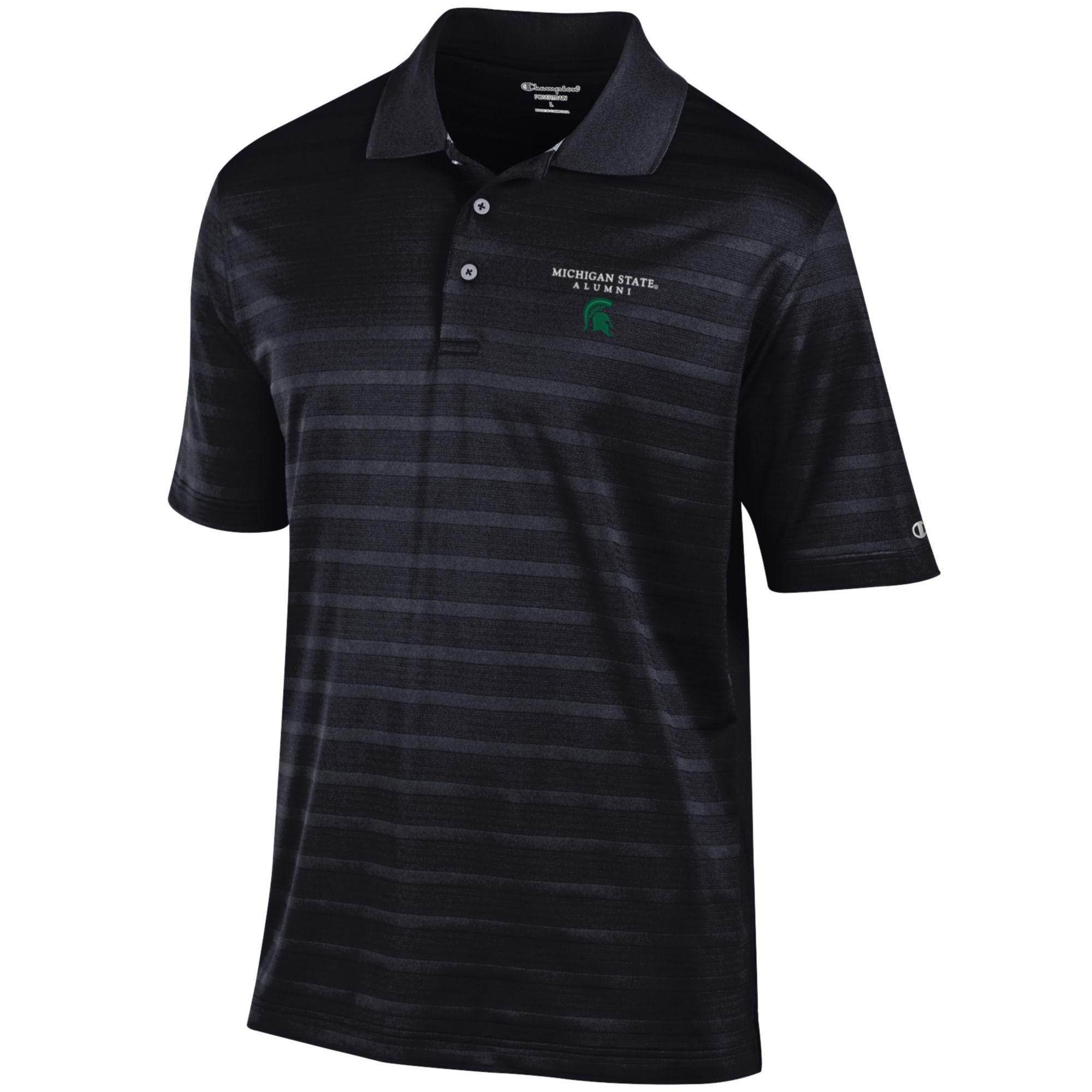 Black striped polo shirt with 'MICHIGAN STATE ALUMNI' embroidered on the left chest above a green Spartan helmet logo; features a collar with three buttons and a Champion logo on the left sleeve.