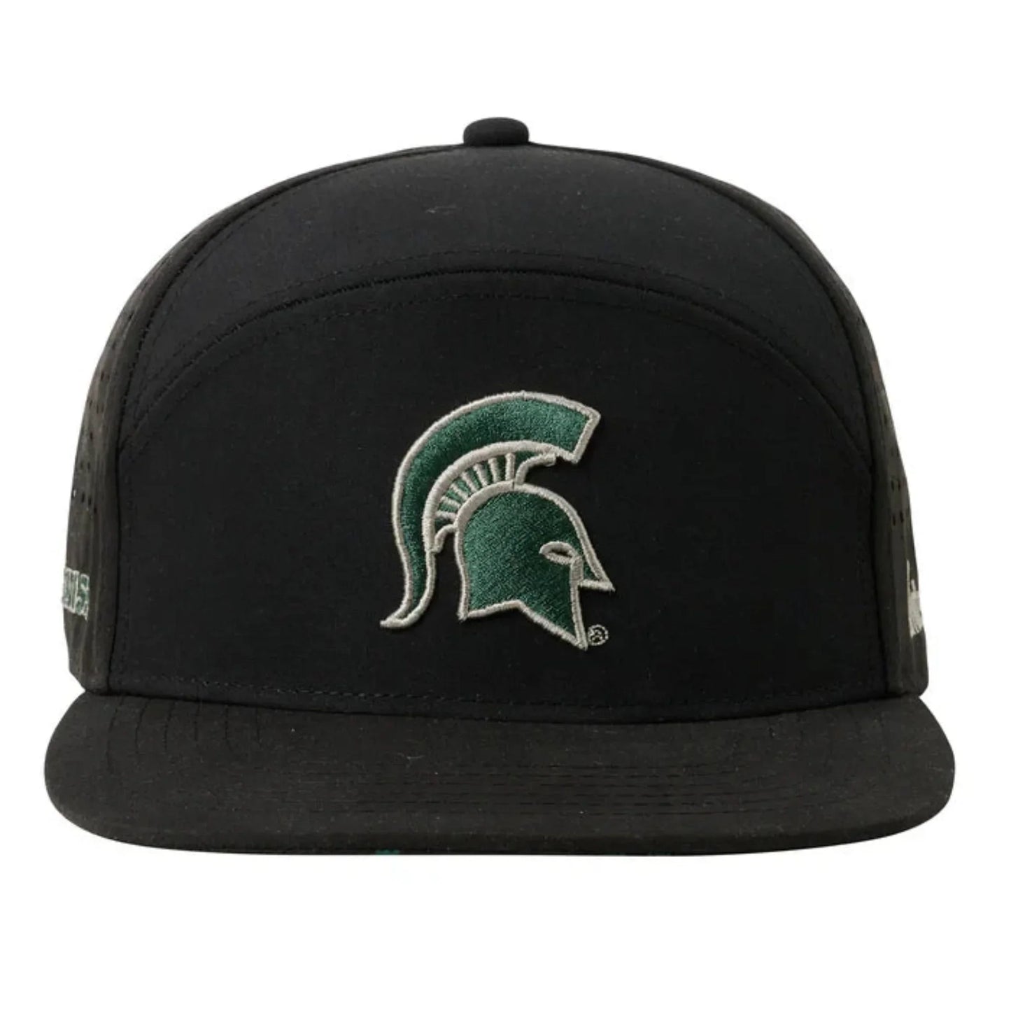 Black hat with green embroidered Spartan Helmet logo on front.