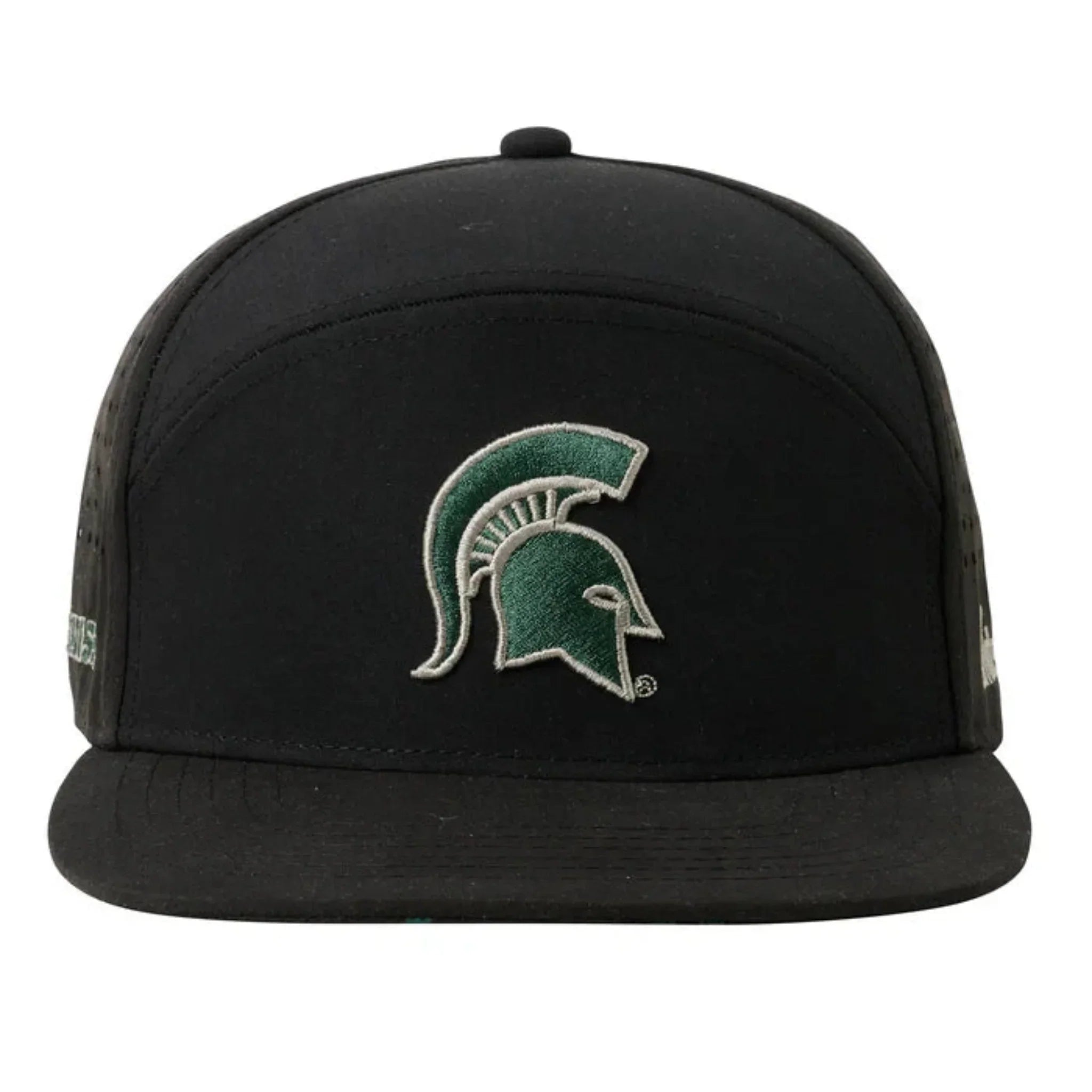 Black hat with green embroidered Spartan helmet logo on front.